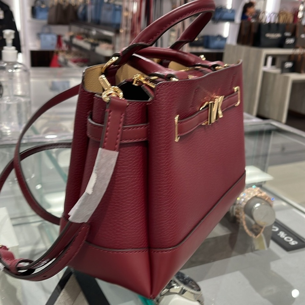 Michael Kors Reed Small Dark Cherry Leather Center Zip Belted Satchel Bag Purse - Picture 16 of 16